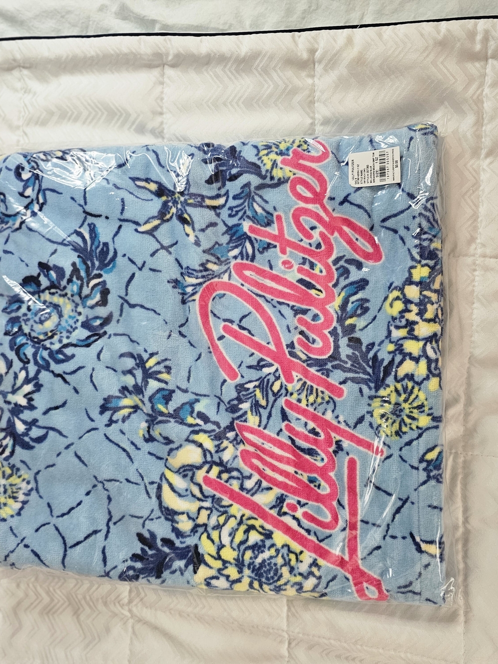 Lilly Pulitzer Blue Floral Beach Towel with Pink Logo - Picture 2 of 3